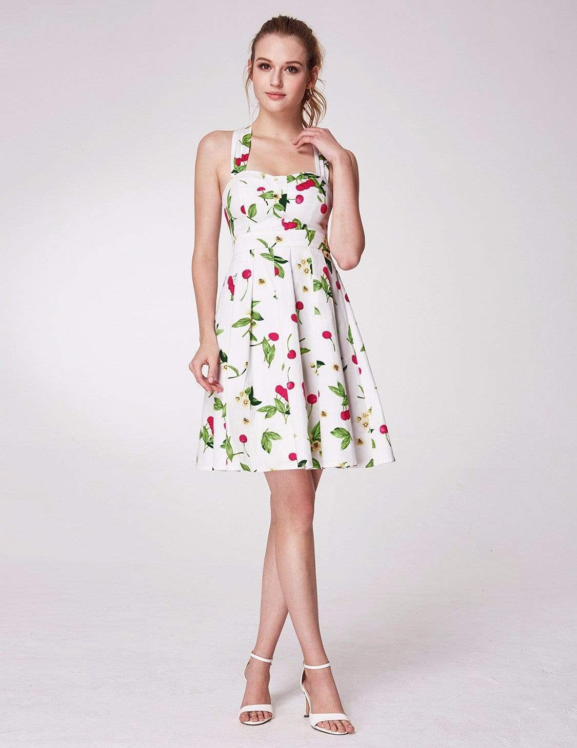 Color=White | Alisa Pan Retro Cherry Print Fit And Flare Dress-White 1