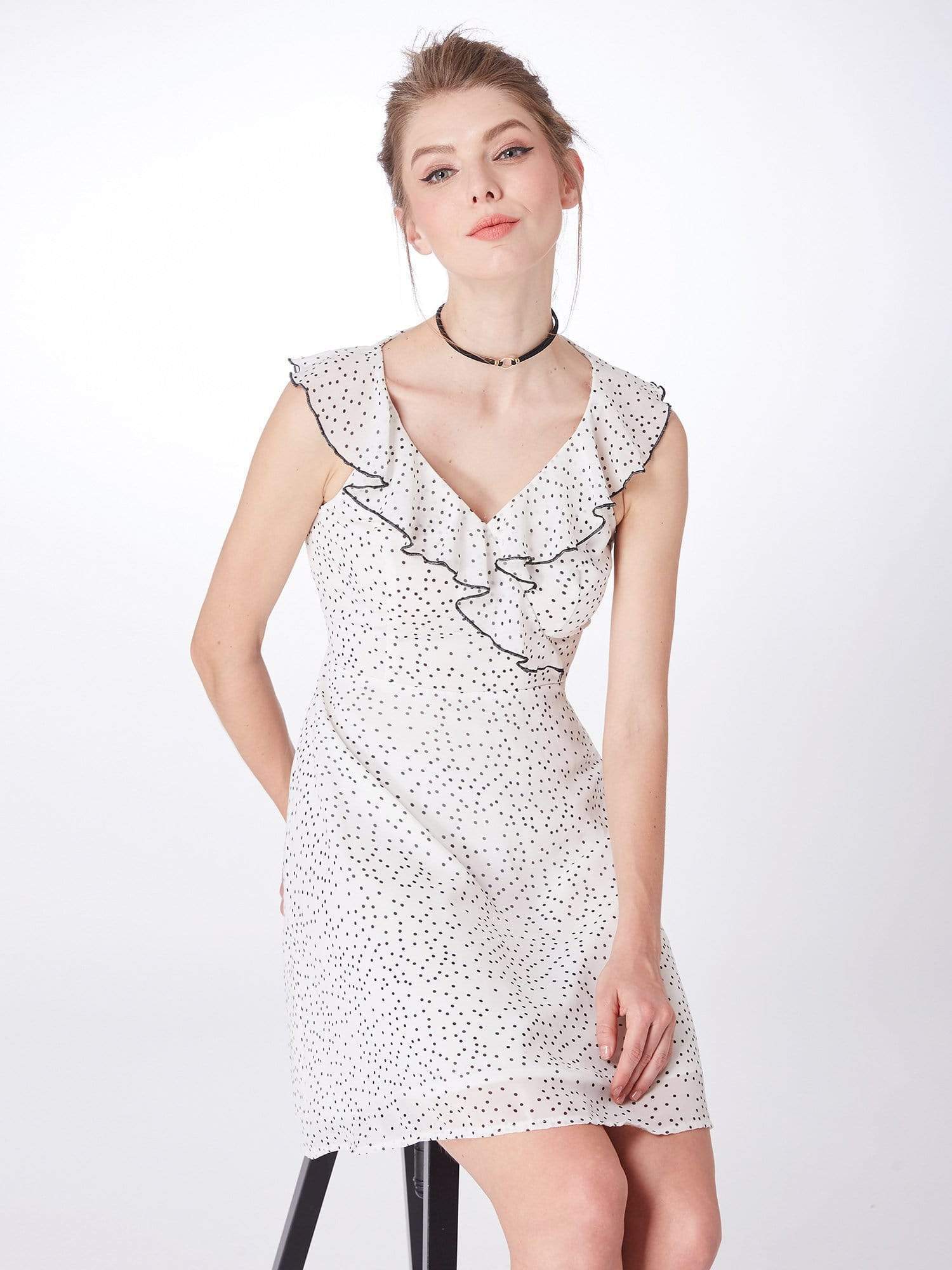 Color=White Black | Alisa Pan V Neck Polka Dot Party Dress-White Black 3