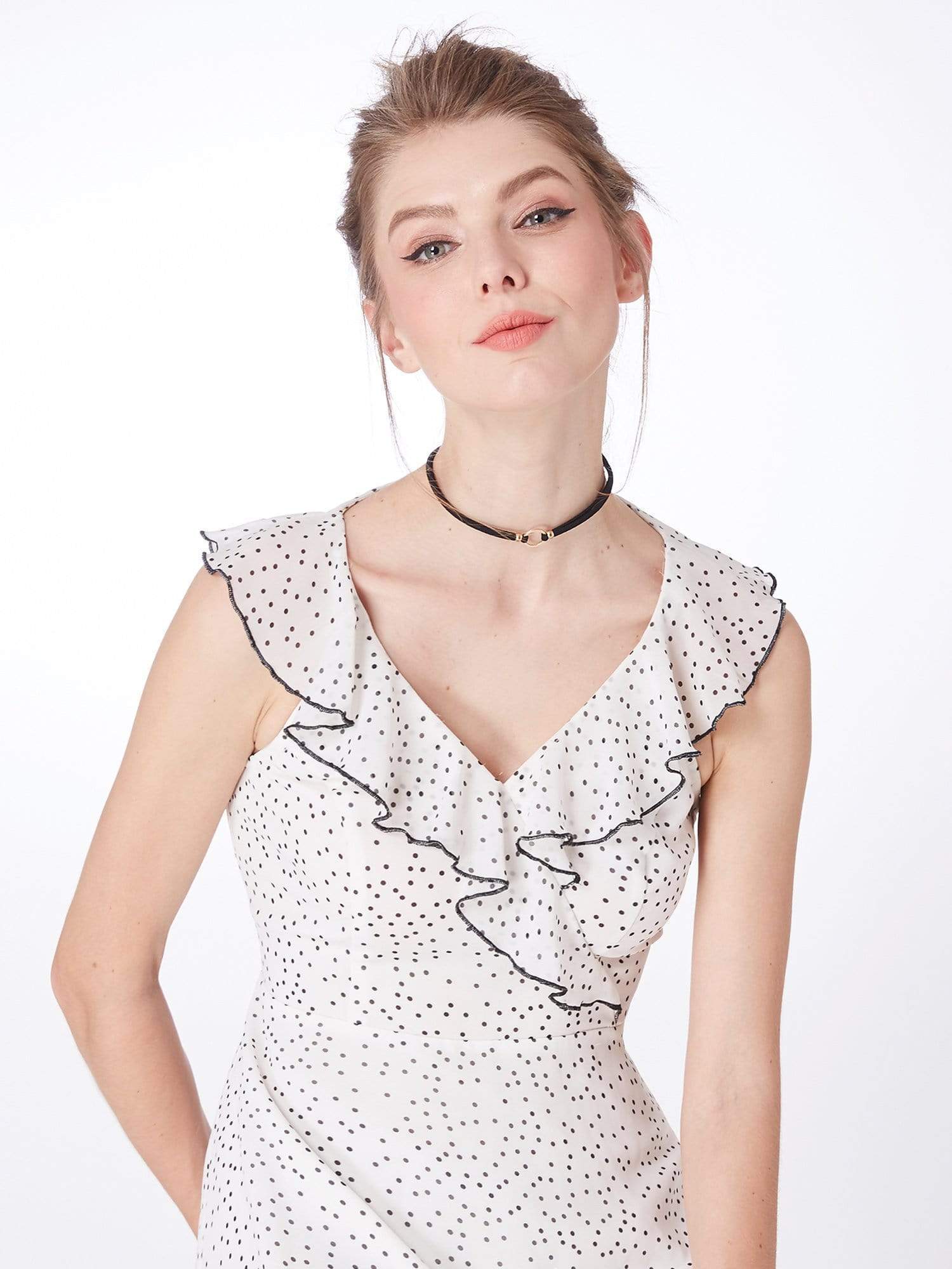 Color=White Black | Alisa Pan V Neck Polka Dot Party Dress-White Black 5