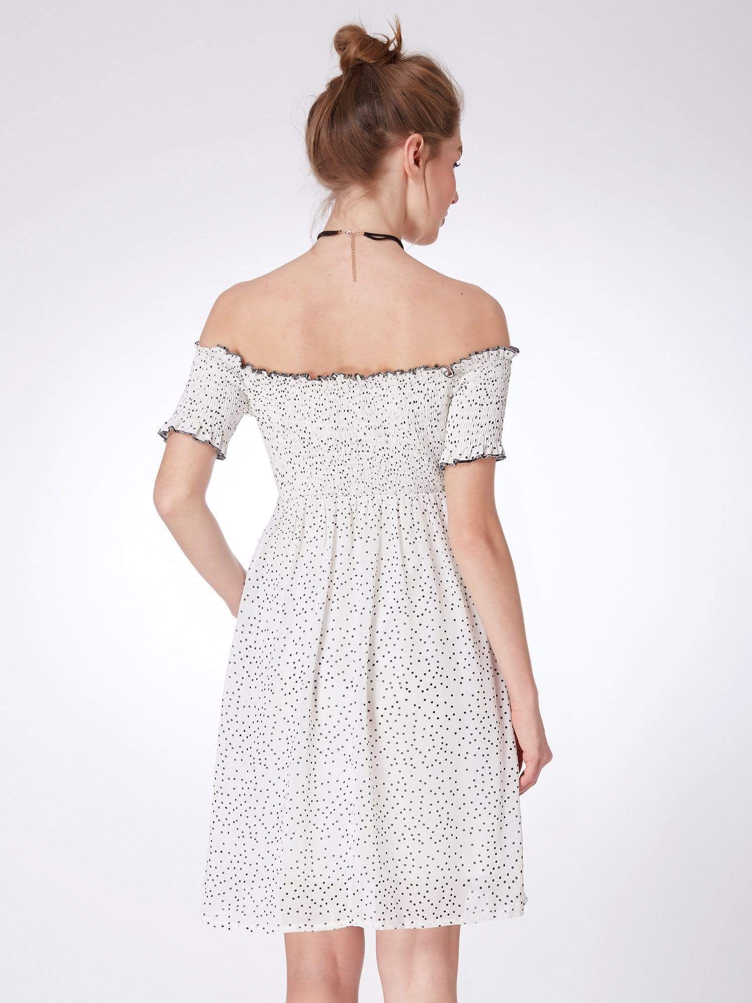 Color=White Black | Alisa Pan Off Shoulder Polka Dot Shift Dress-White Black 2