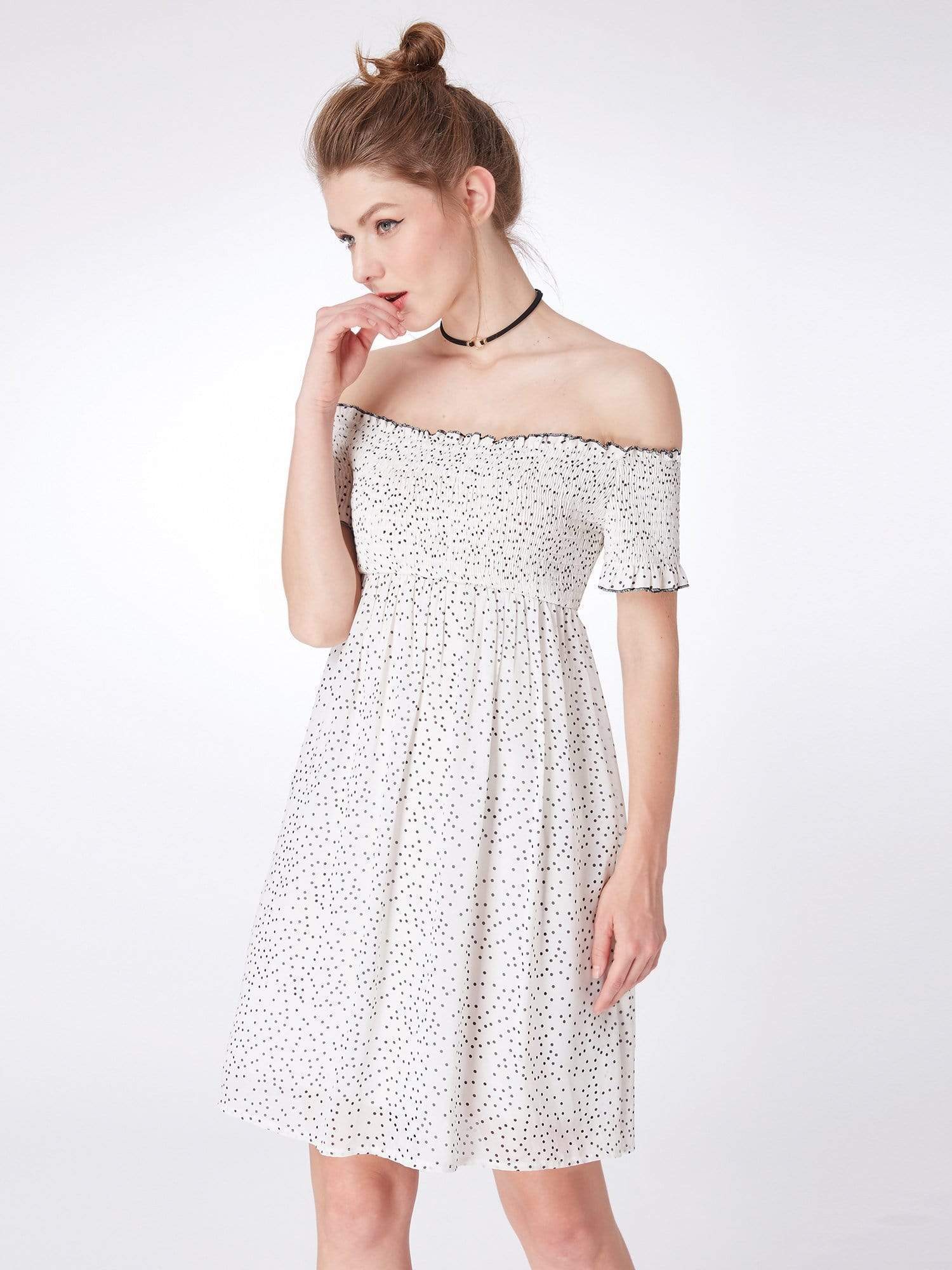 Color=White Black | Alisa Pan Off Shoulder Polka Dot Shift Dress-White Black 3