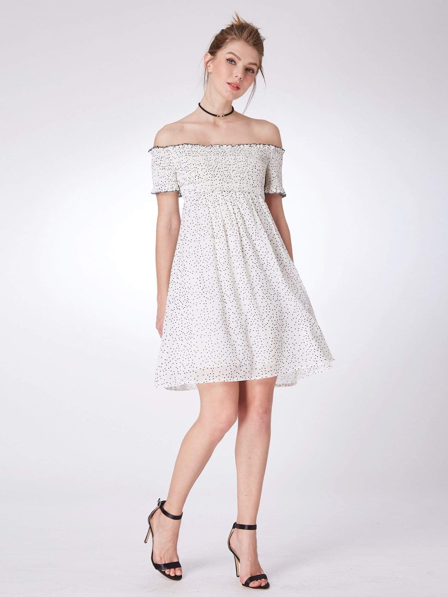 Color=White Black | Alisa Pan Off Shoulder Polka Dot Shift Dress-White Black 4