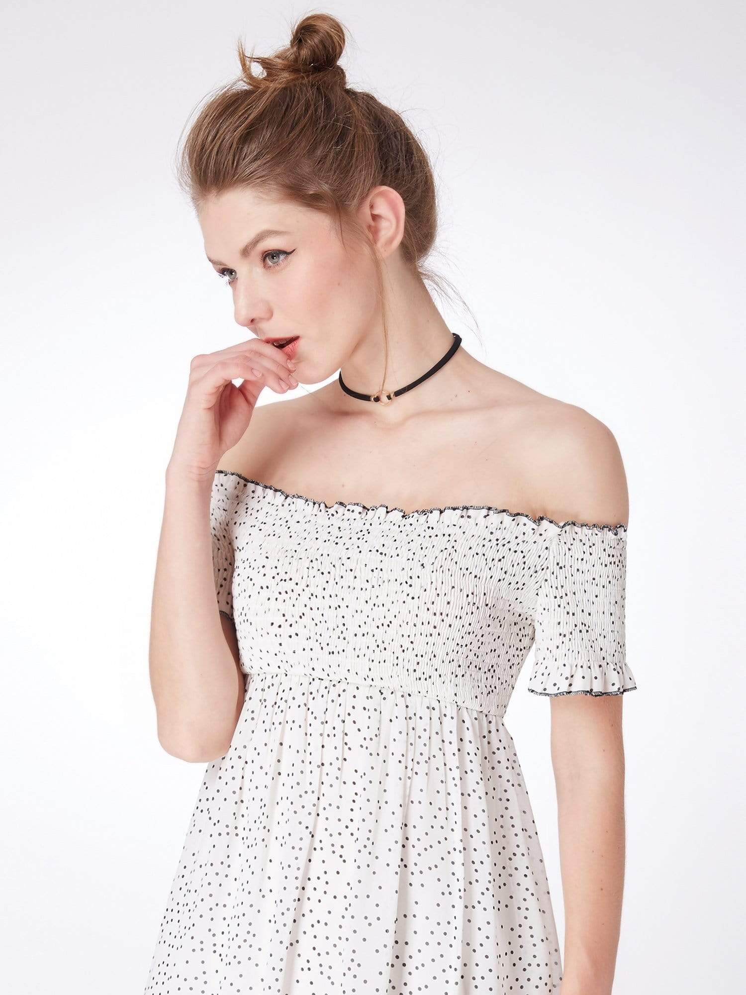 Color=White Black | Alisa Pan Off Shoulder Polka Dot Shift Dress-White Black 5