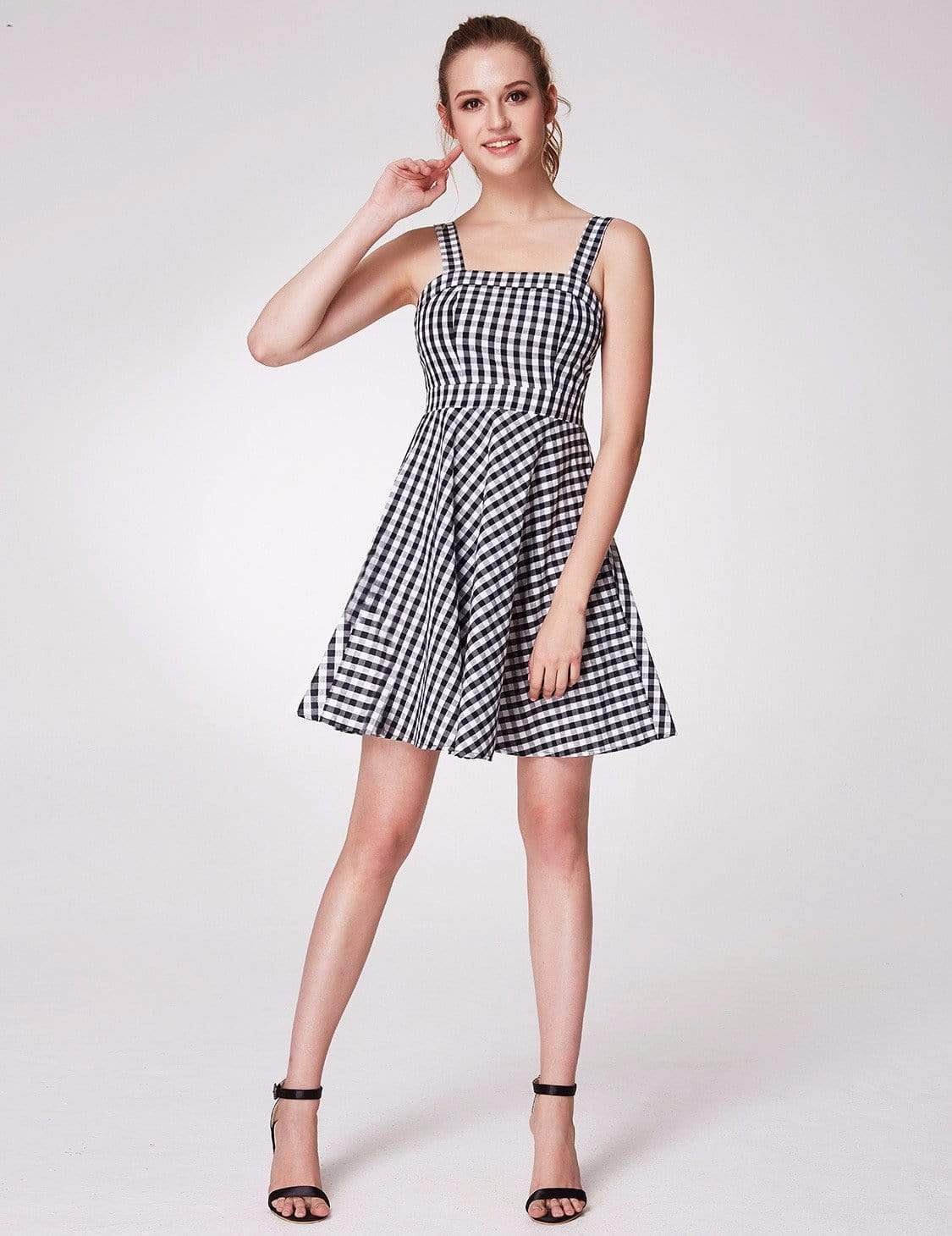 Color=White Black | Alisa Pan Short Fit And Flare Gingham Dress-White Black 5