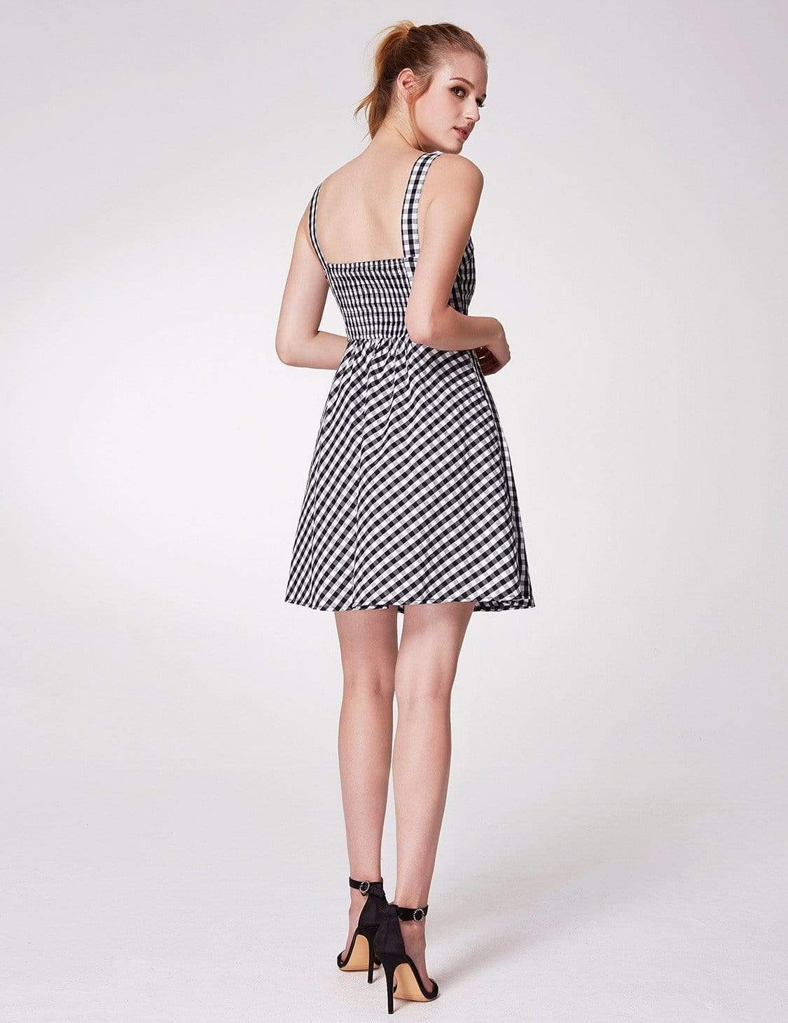 Color=White Black | Alisa Pan Short Fit And Flare Gingham Dress-White Black 6