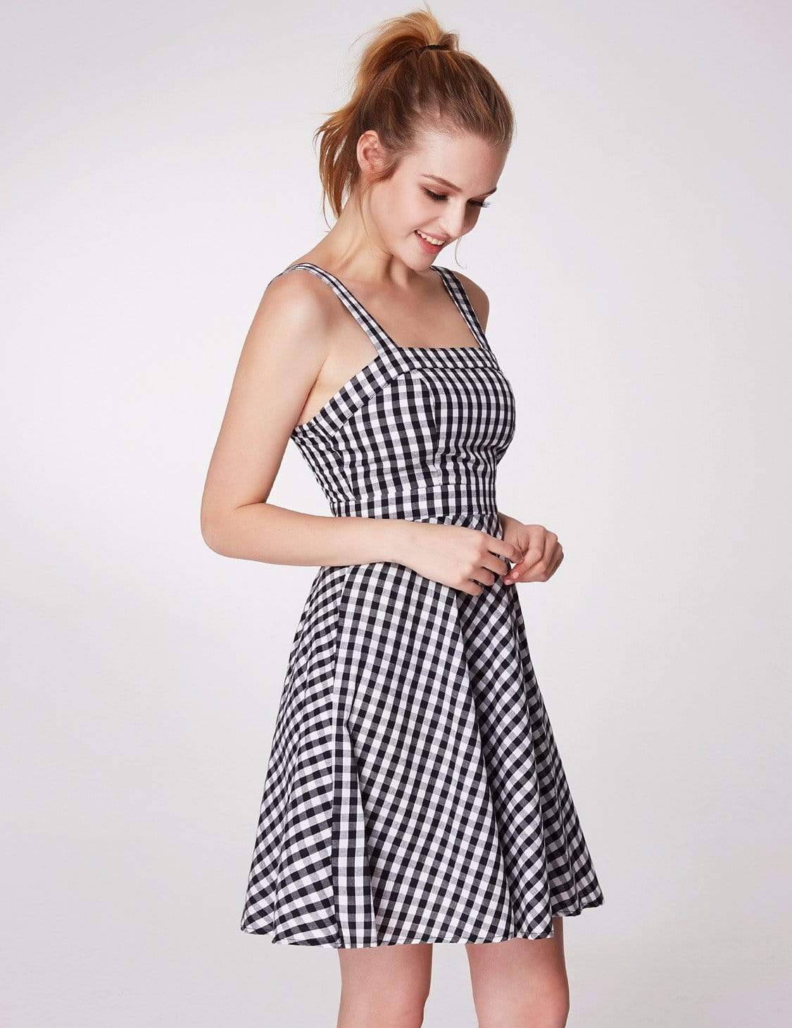 Color=White Black | Alisa Pan Short Fit And Flare Gingham Dress-White Black 7