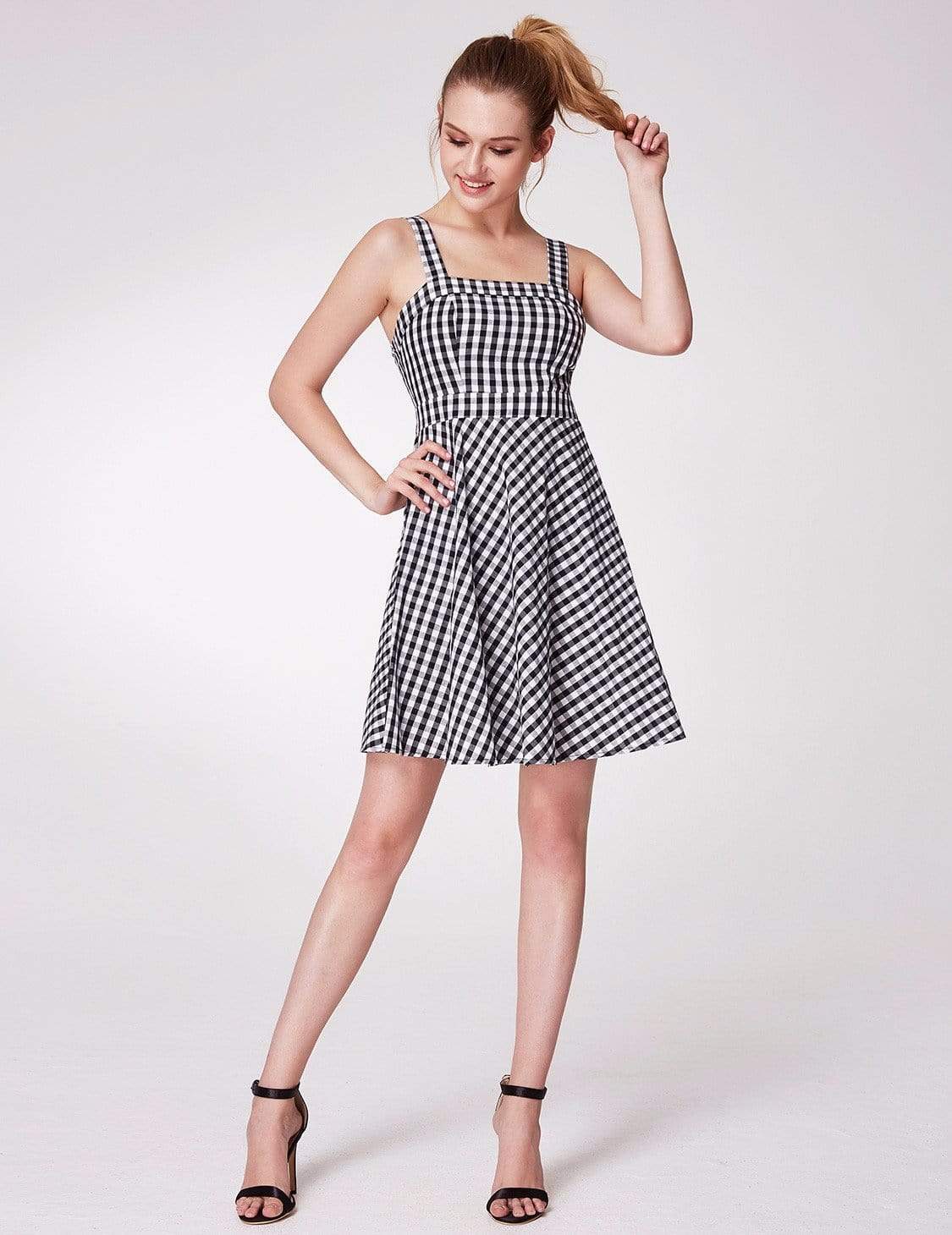 Color=White Black | Alisa Pan Short Fit And Flare Gingham Dress-White Black 8