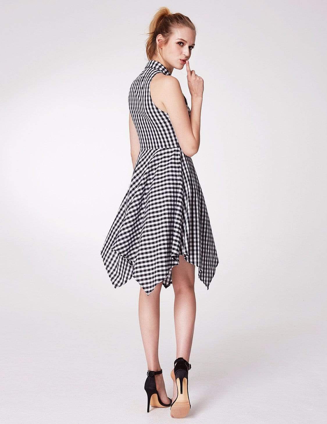 Color=White Black | Alisa Pan Button Up Fit And Flare Gingham Dress-White Black 3