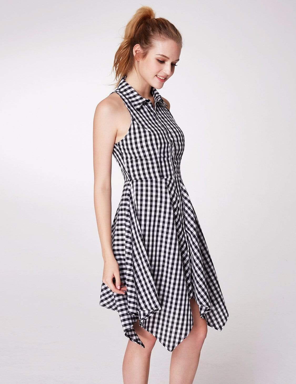 Color=White Black | Alisa Pan Button Up Fit And Flare Gingham Dress-White Black 4