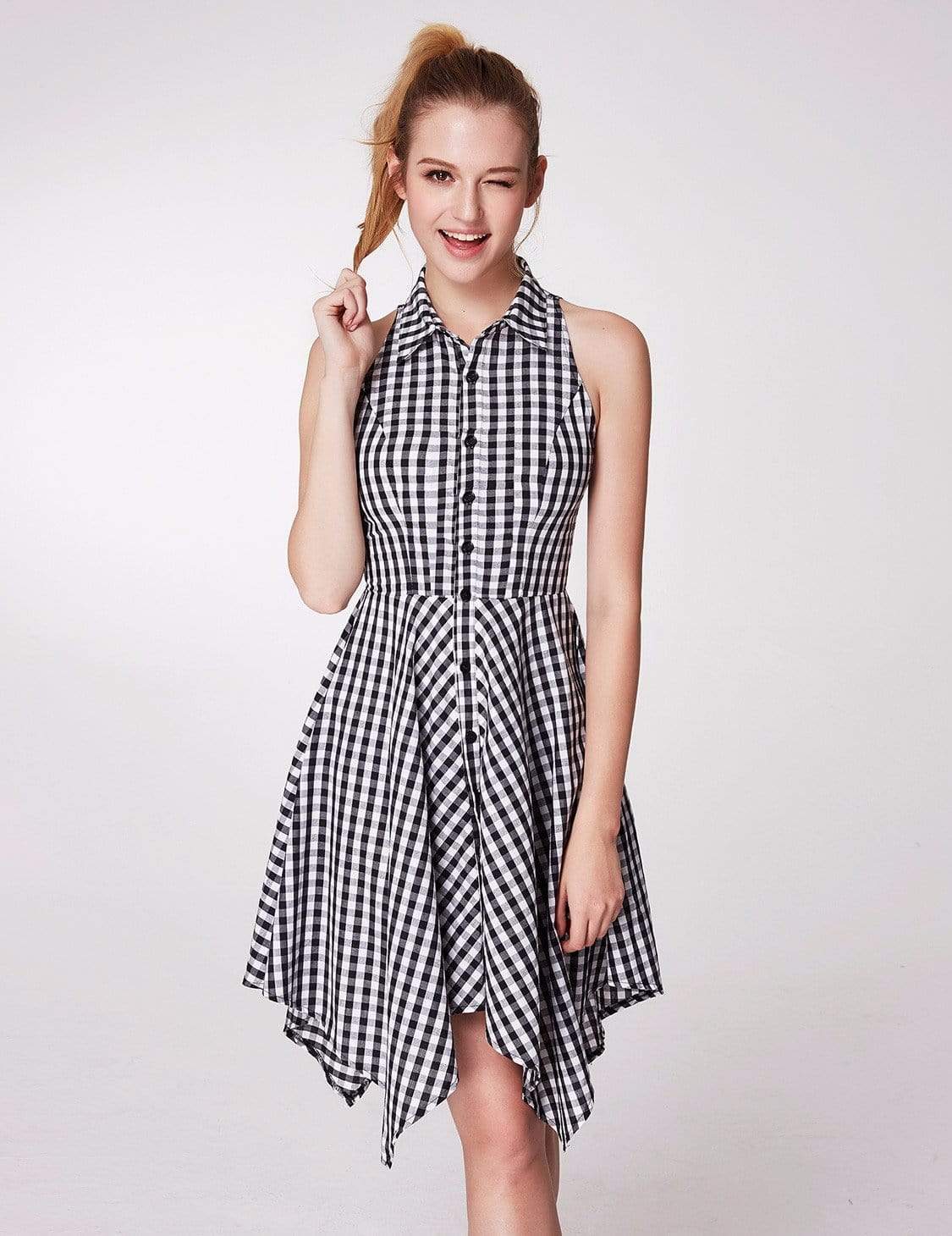 Color=White Black | Alisa Pan Button Up Fit And Flare Gingham Dress-White Black 5