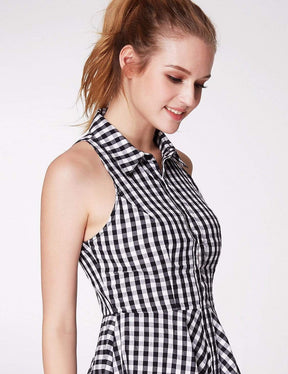 Color=White Black | Alisa Pan Button Up Fit And Flare Gingham Dress-White Black 6
