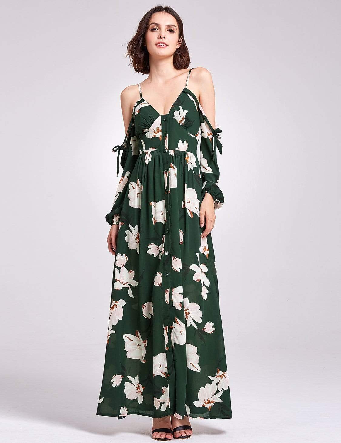 Color=Green | Cold Shoulder Floral Print Maxi Dress-Green 2