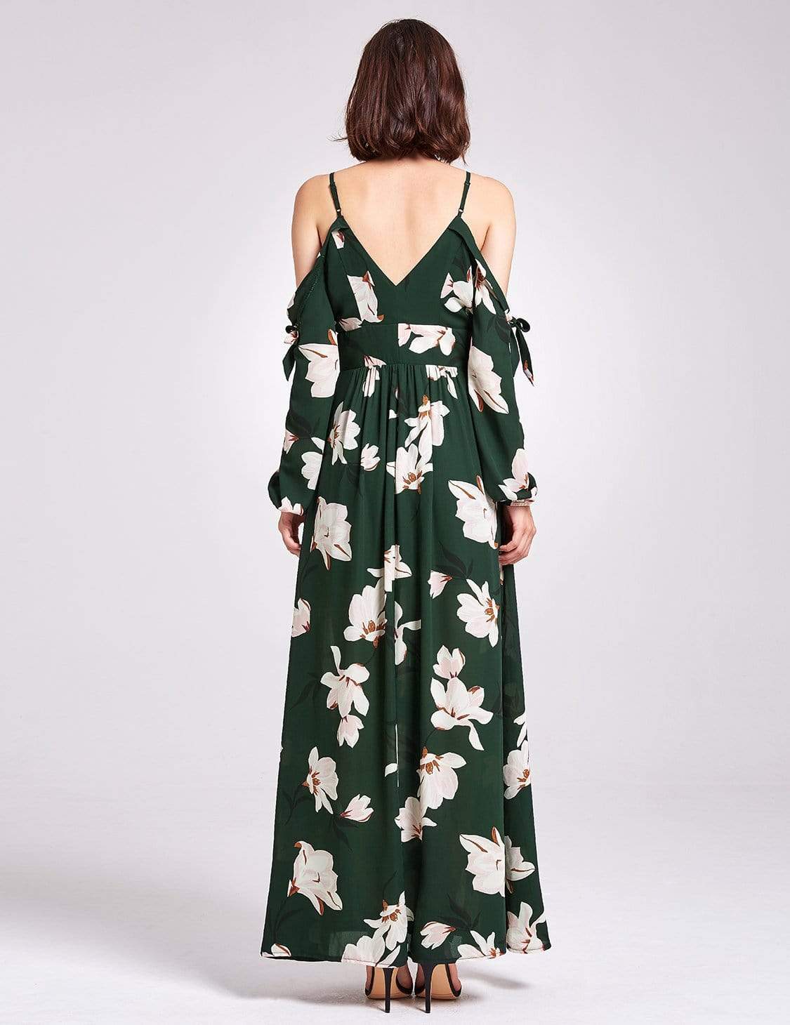 Color=Green | Cold Shoulder Floral Print Maxi Dress-Green 3