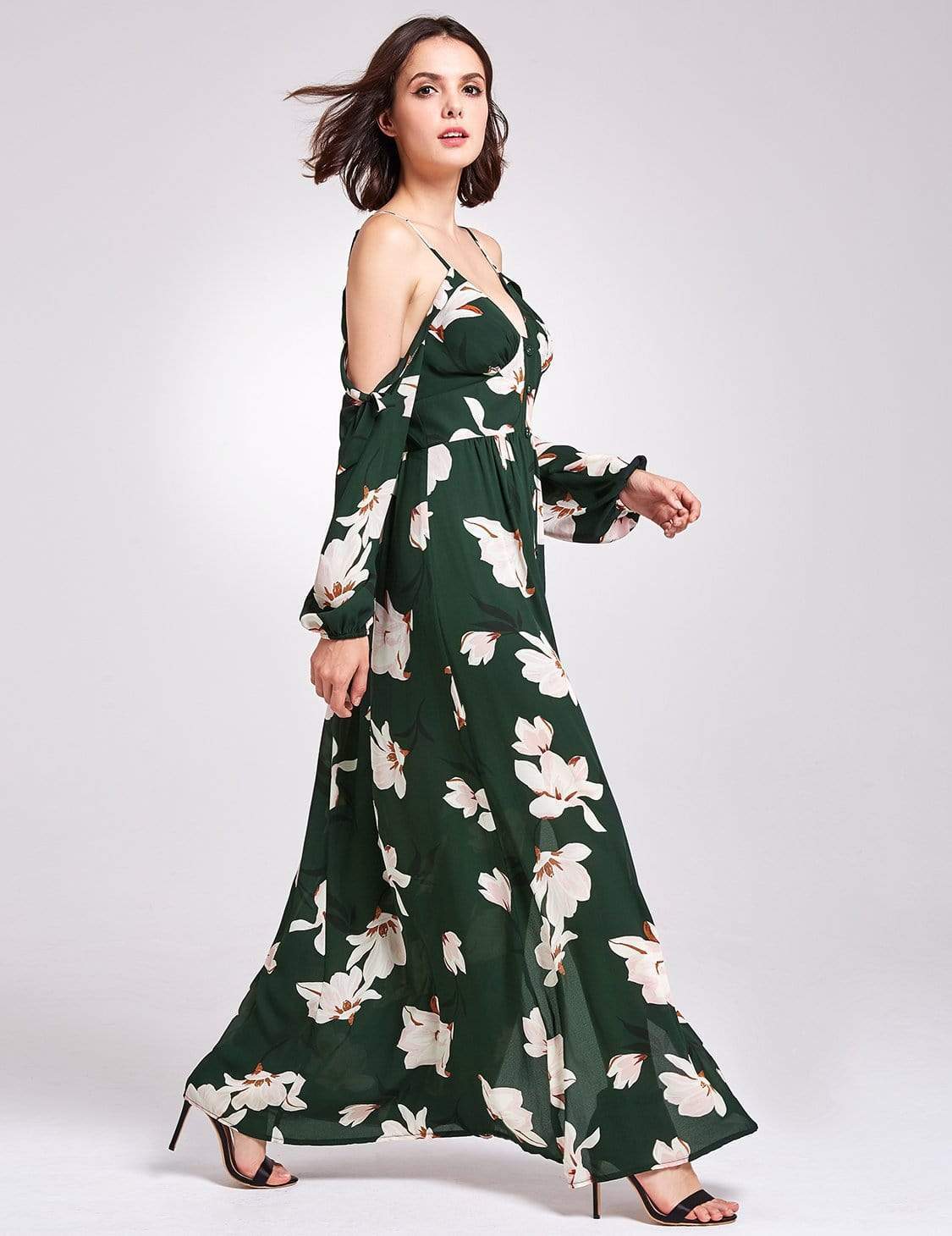 Color=Green | Cold Shoulder Floral Print Maxi Dress-Green 4