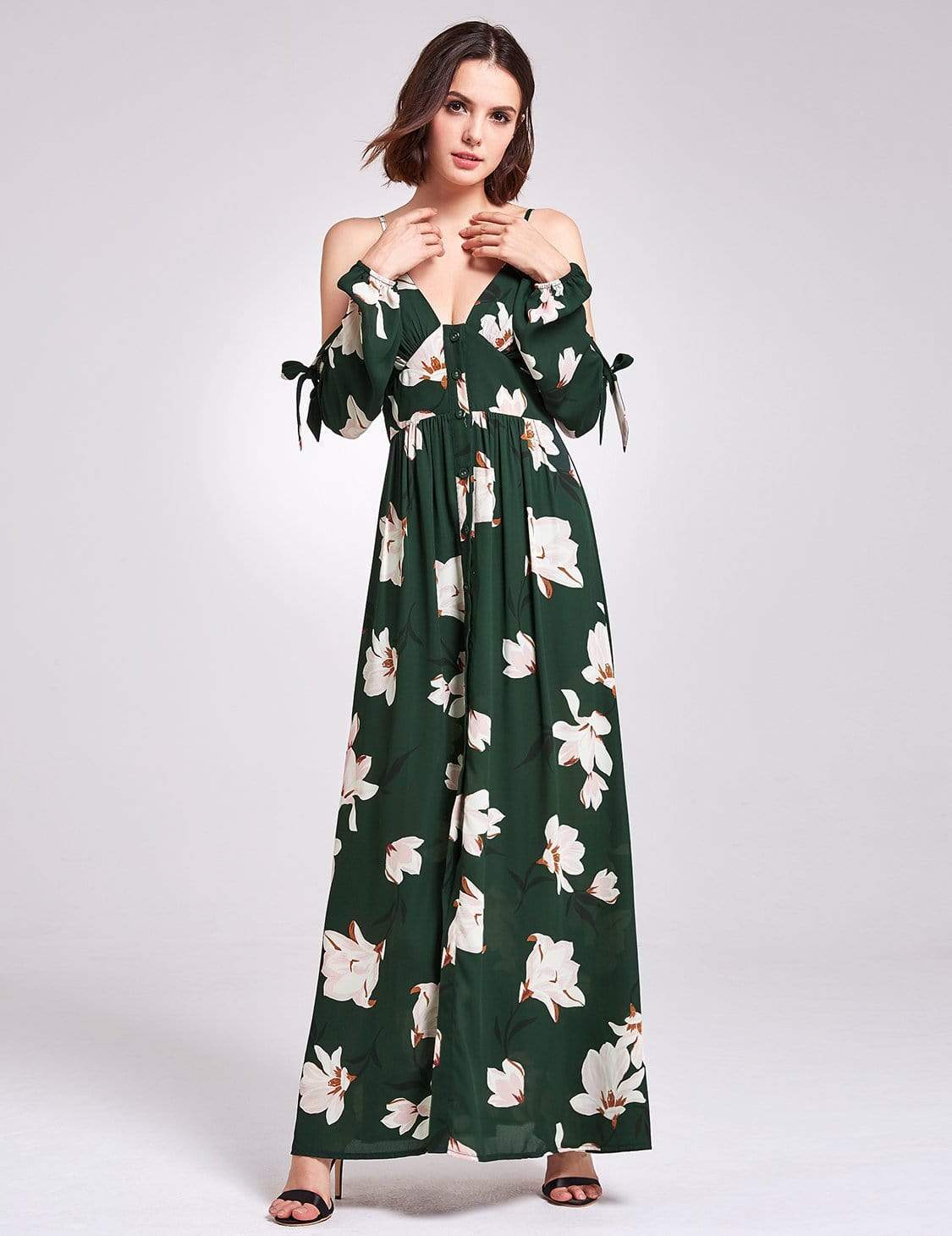 Color=Green | Cold Shoulder Floral Print Maxi Dress-Green 5