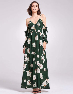 Color=Green | Cold Shoulder Floral Print Maxi Dress-Green 1