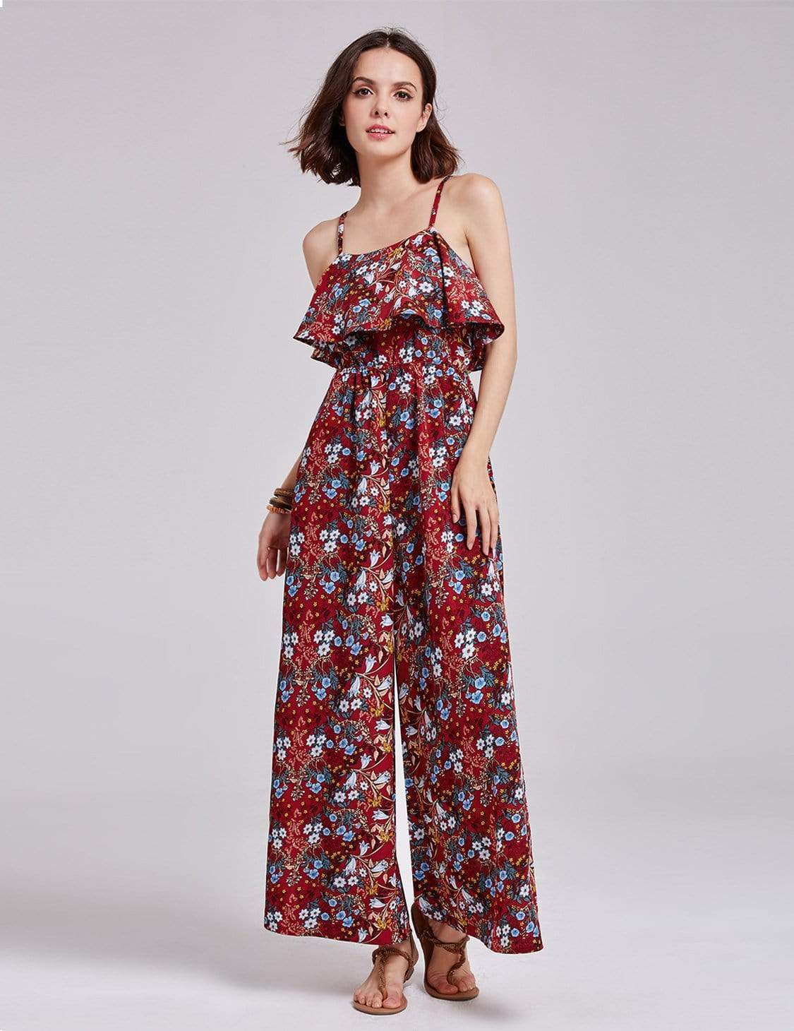 Color=Burgundy | Alisa Pan Retro Floral Print Jumpsuit-Burgundy 2