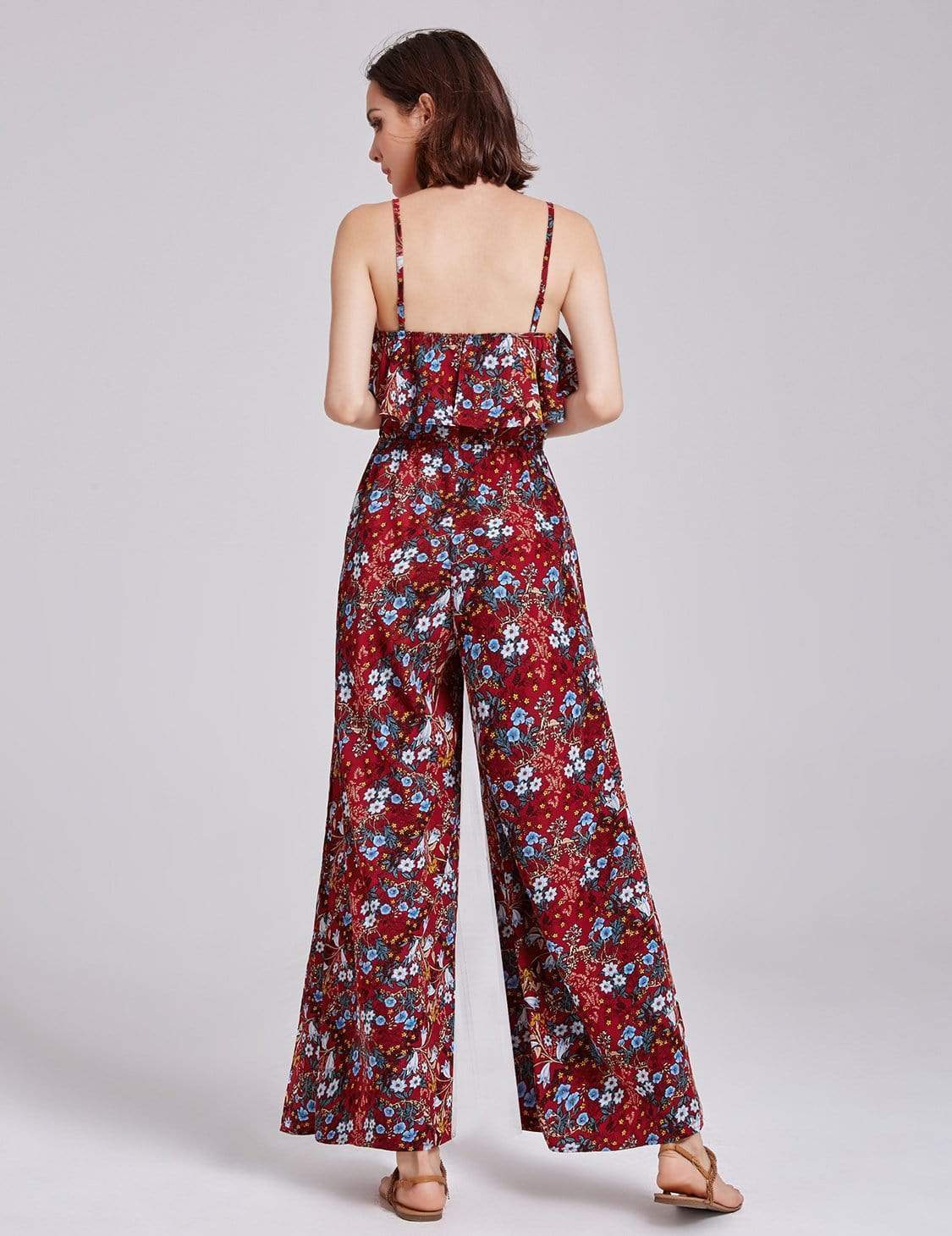 Color=Burgundy | Alisa Pan Retro Floral Print Jumpsuit-Burgundy 3