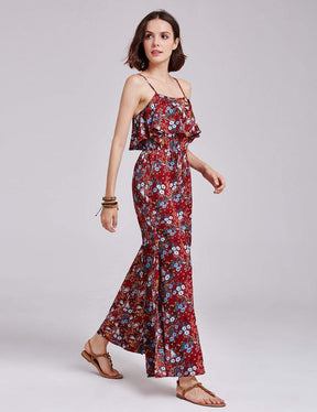 Color=Burgundy | Alisa Pan Retro Floral Print Jumpsuit-Burgundy 4