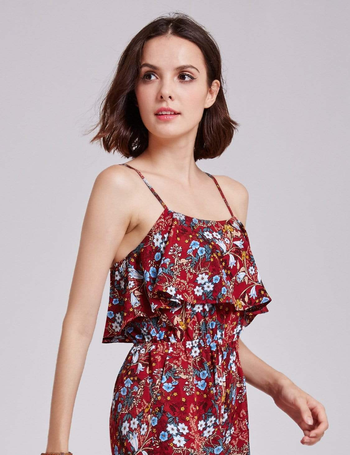 Color=Burgundy | Alisa Pan Retro Floral Print Jumpsuit-Burgundy 6