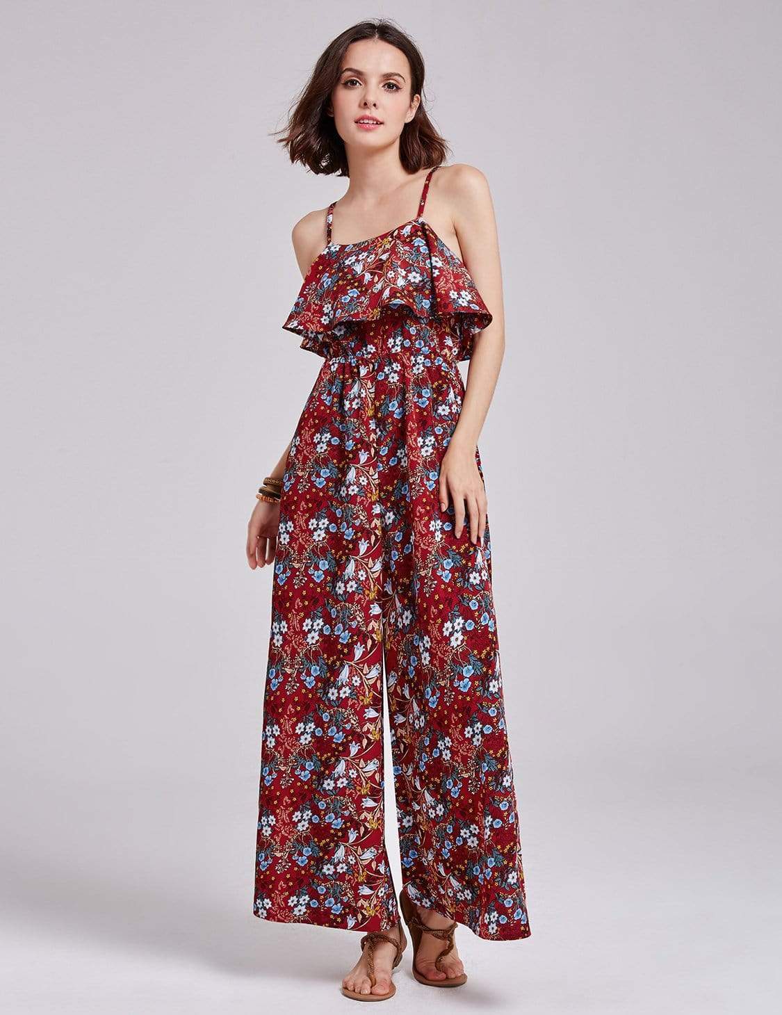 Color=Burgundy | Alisa Pan Retro Floral Print Jumpsuit-Burgundy 1