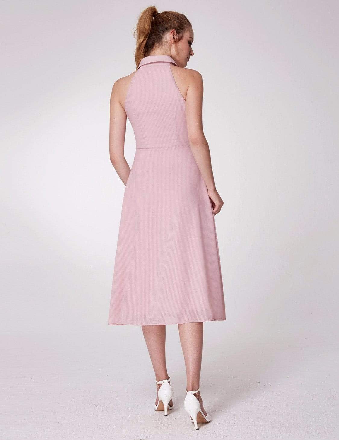 Color=Pink | Alisa Pan Button Up A Line Midi Dress-Pink 4