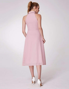 Color=Pink | Alisa Pan Button Up A Line Midi Dress-Pink 4