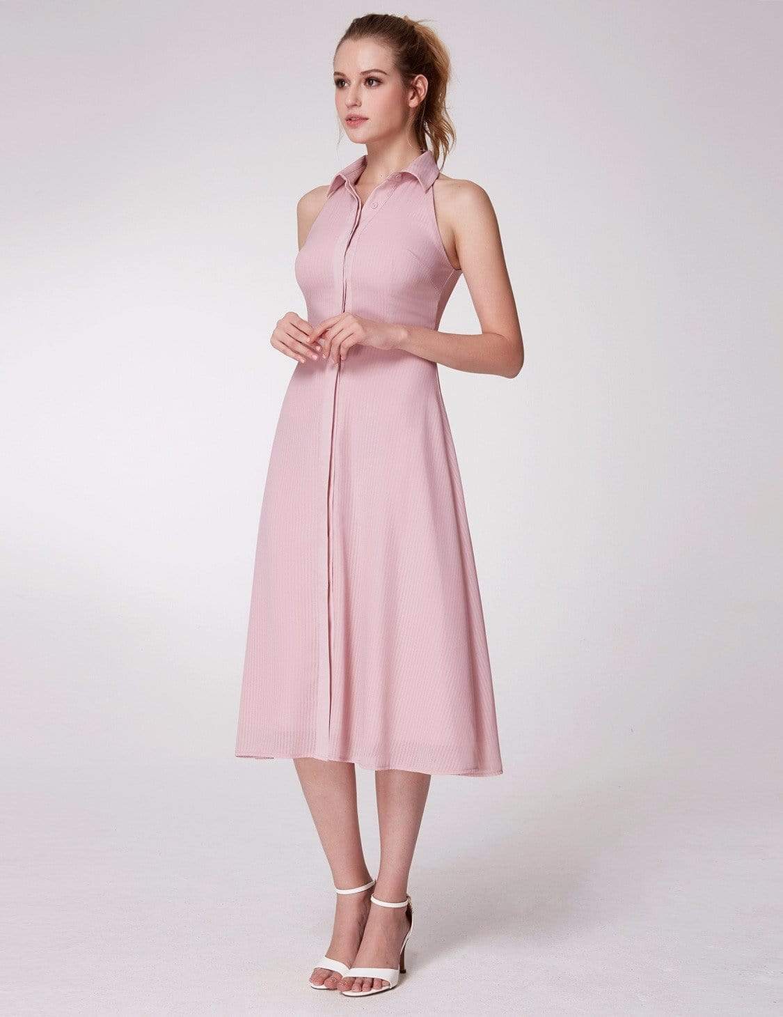 Color=Pink | Alisa Pan Button Up A Line Midi Dress-Pink 3