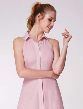 Color=Pink | Alisa Pan Button Up A Line Midi Dress-Pink 5
