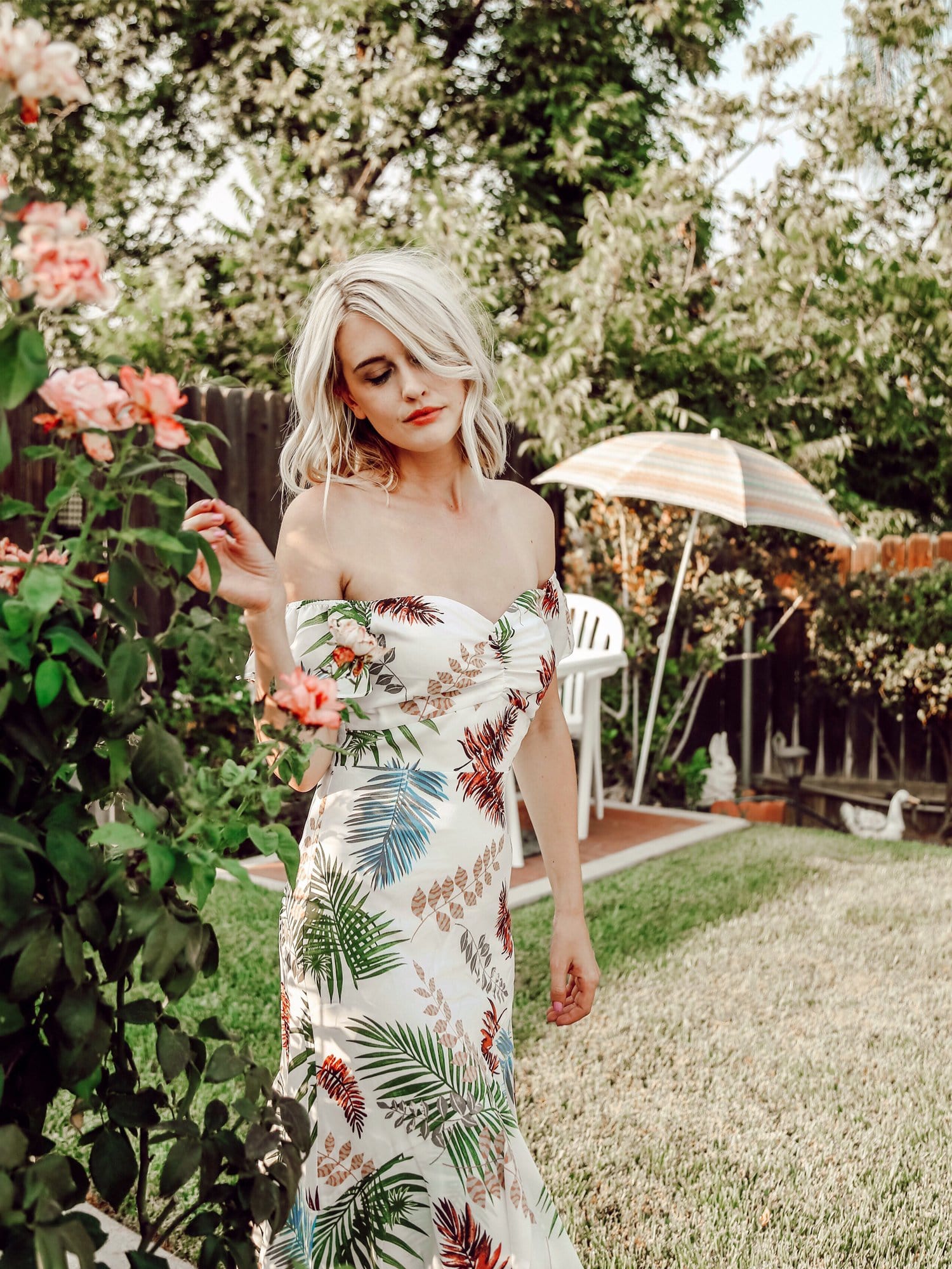 Alisa Pan Tropical Print Off Shoulder Maxi Dress