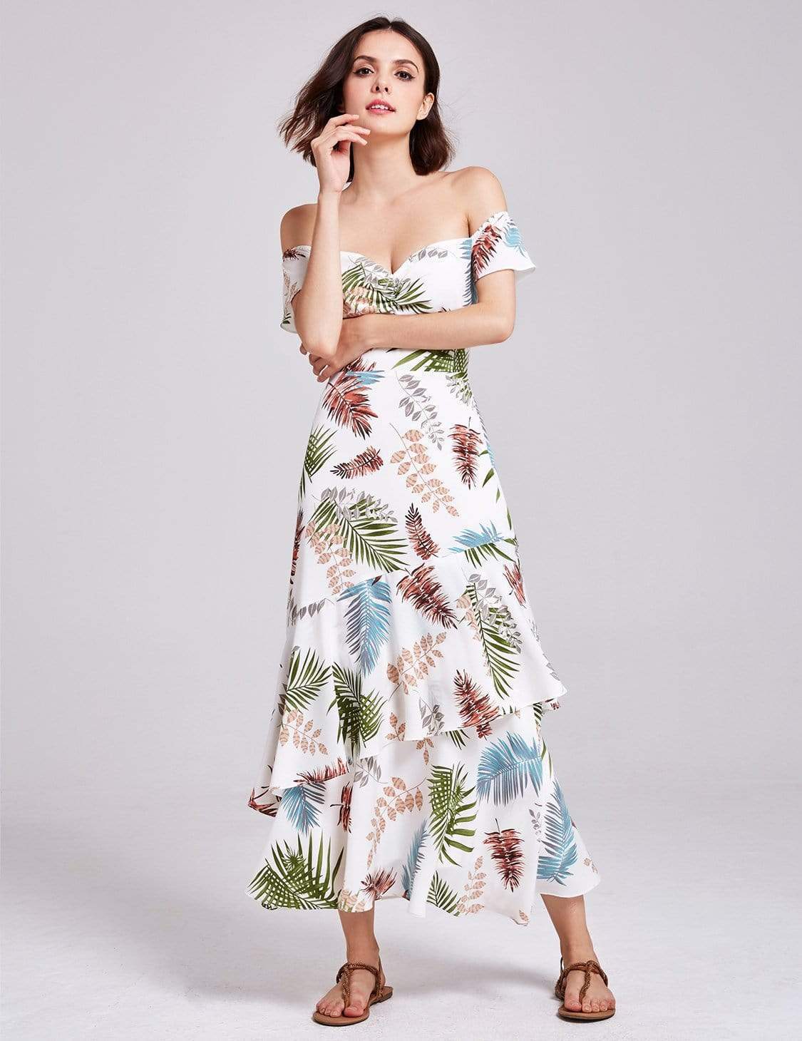 Color=Cream | Alisa Pan Tropical Print Off Shoulder Maxi Dress-Cream 8