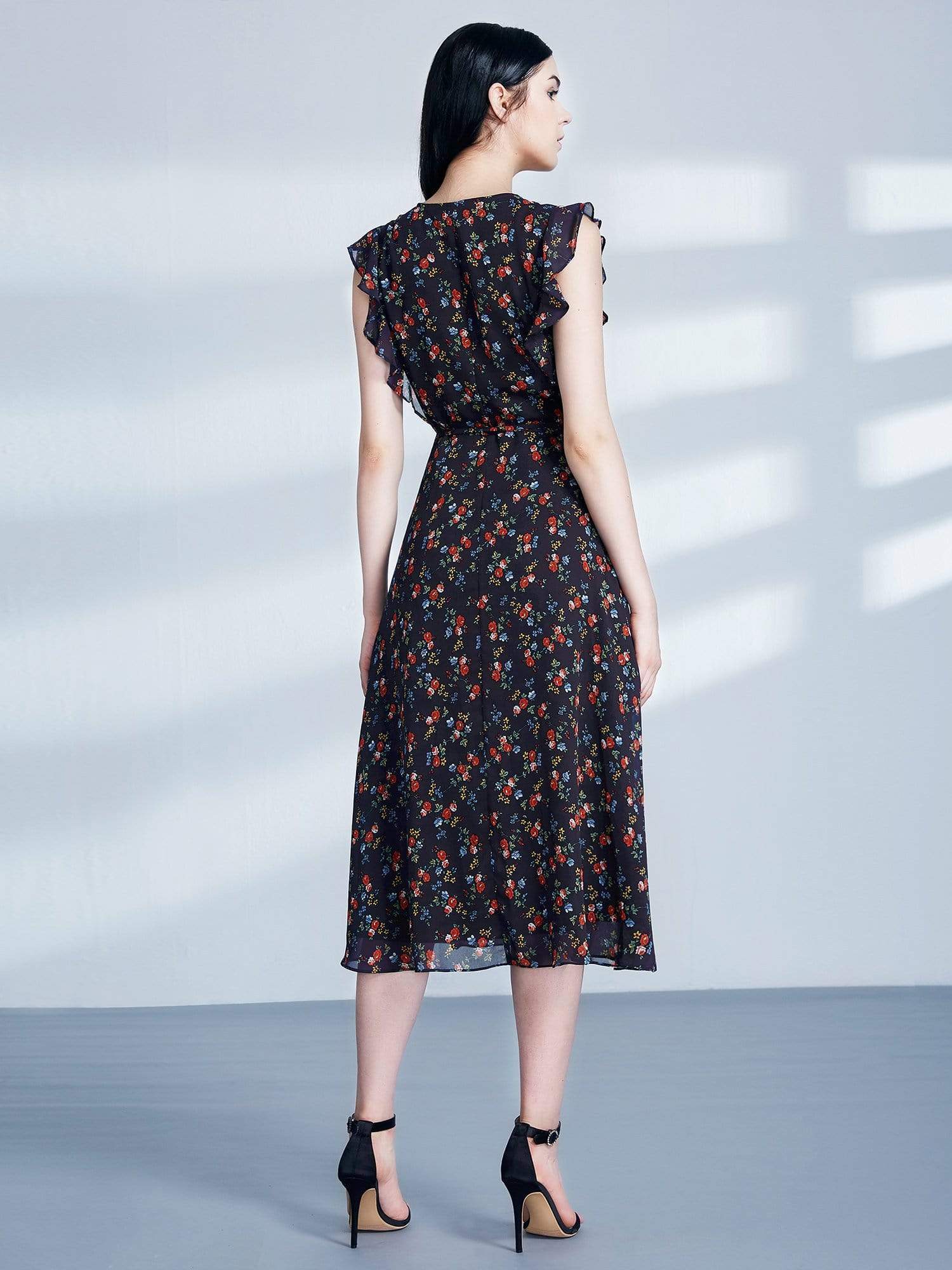 Color=Navy Blue | Retro Floral Print V Neck Midi Wrap Dress-Navy Blue 2