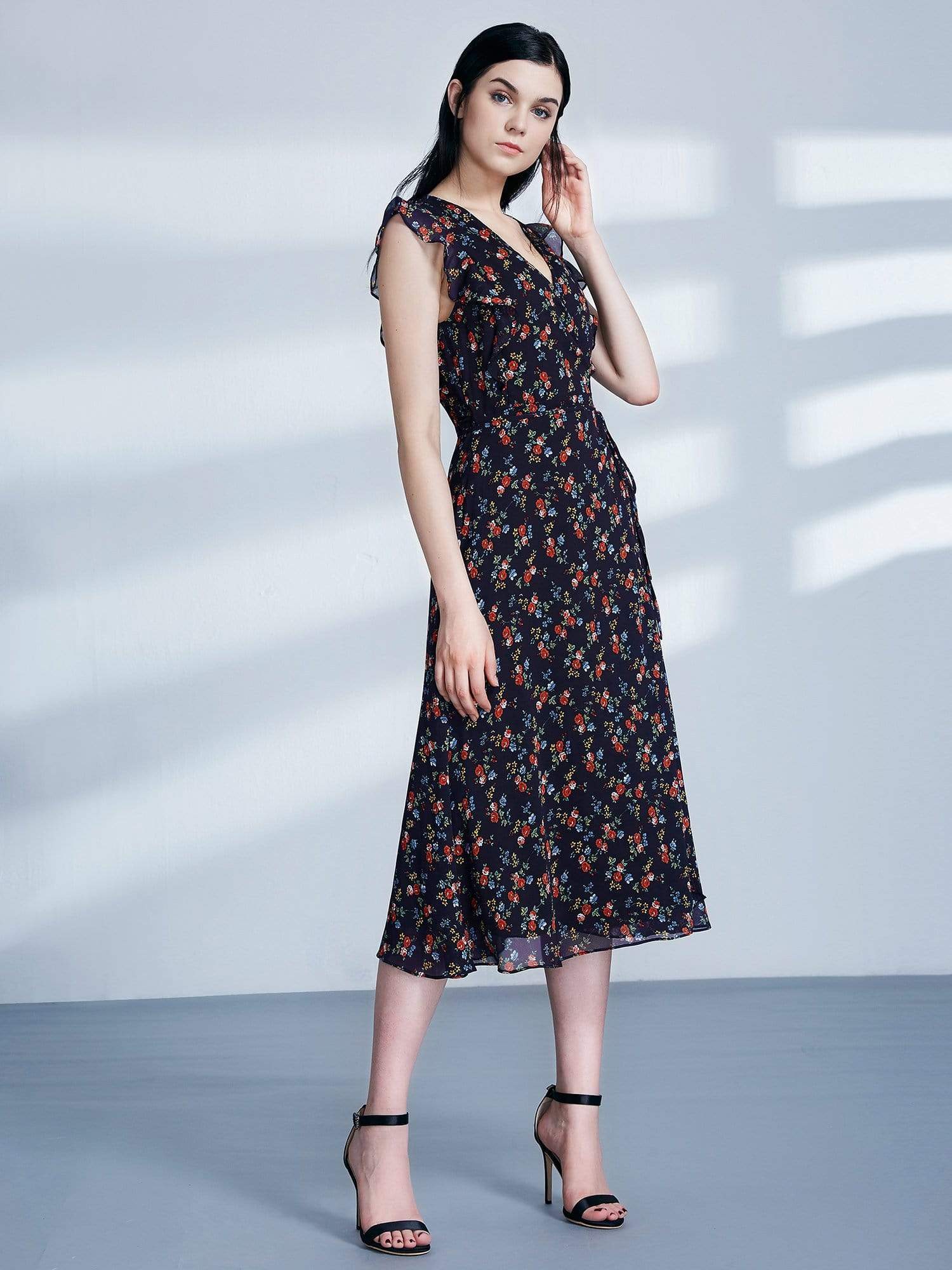 Color=Navy Blue | Retro Floral Print V Neck Midi Wrap Dress-Navy Blue 3