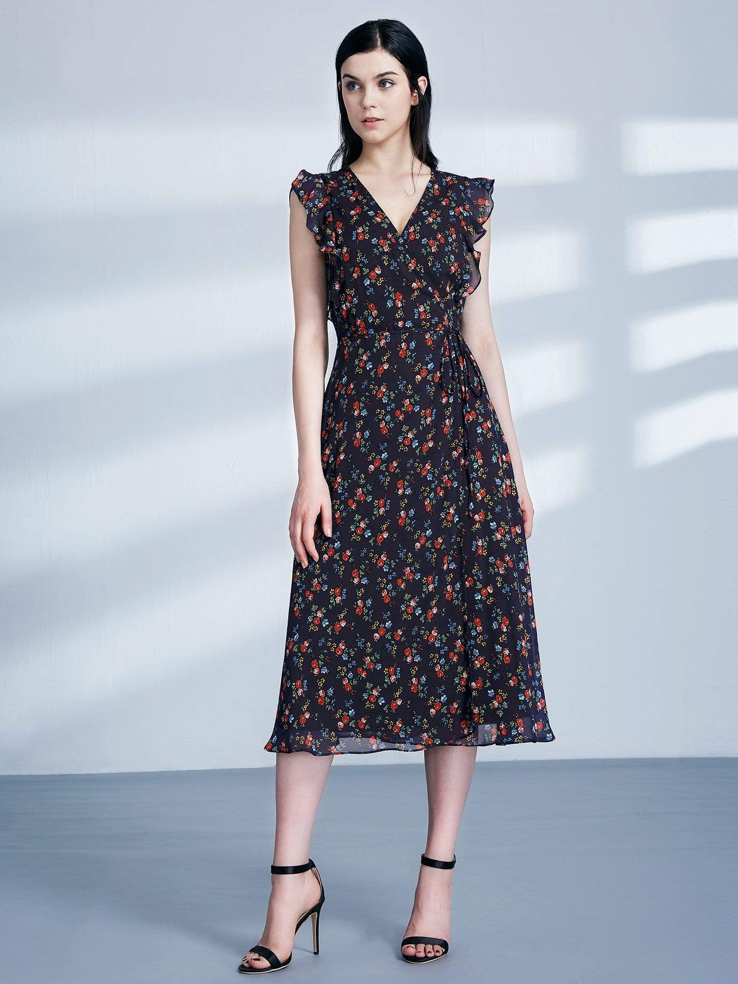 Color=Navy Blue | Retro Floral Print V Neck Midi Wrap Dress-Navy Blue 1