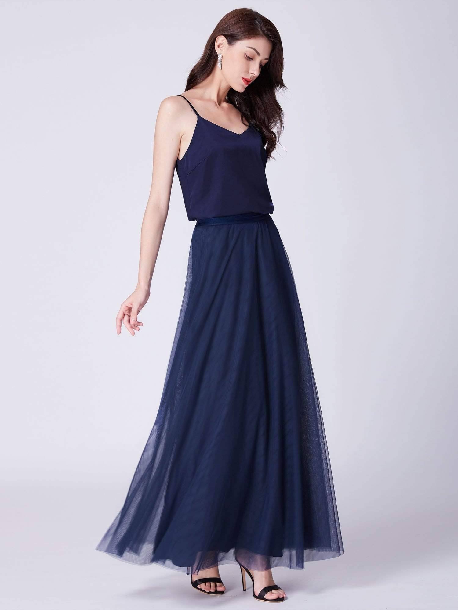 Color=Navy Blue | Alisa Pan Satin And Tulle Skirt & Top Set-Navy Blue 3