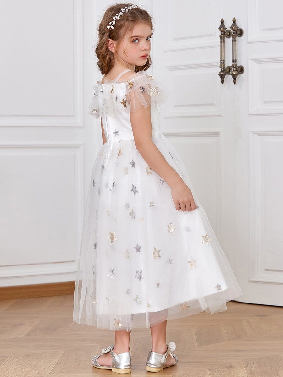 Color=White | Star-Studded Off Shoulder Spaghetti Strap Tulle Flower Girl Dress-White 2