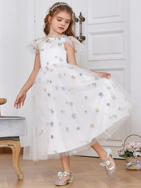 Color=White | Star-Studded Off Shoulder Spaghetti Strap Tulle Flower Girl Dress-White 4