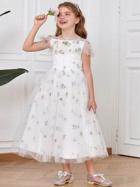 Color=White | Star-Studded Off Shoulder Spaghetti Strap Tulle Flower Girl Dress-White 1