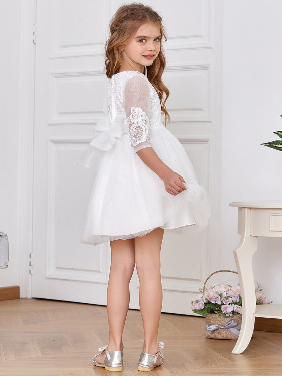 Color=White | High Waist Embroidered Bodice Short Flower Girl Dress-White 2