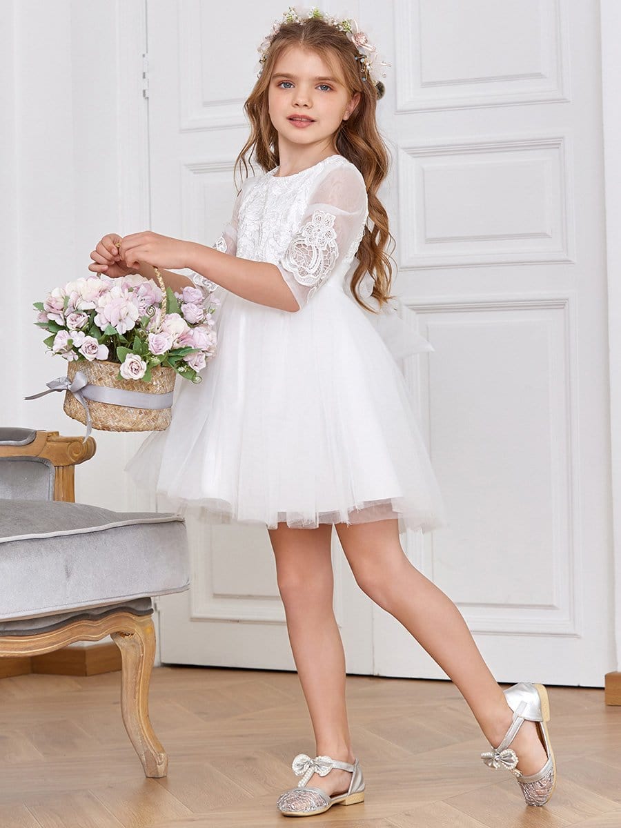 Color=White | High Waist Embroidered Bodice Short Flower Girl Dress-White 1