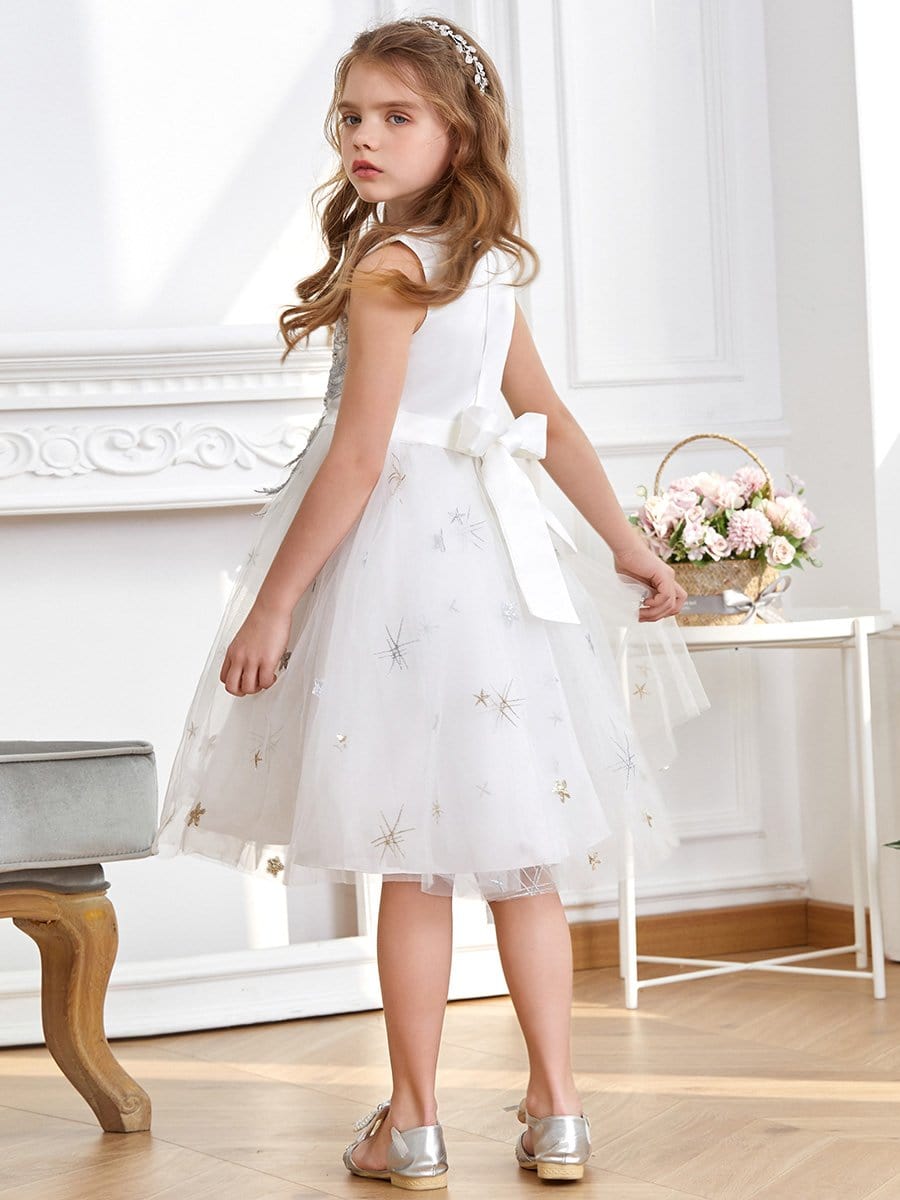 Color=White | High Waist Embroidered Bodice Sleeveless Flower Girl A-Line Dress-White 2