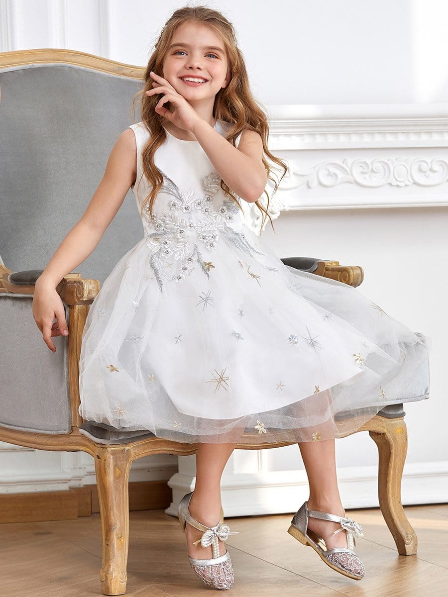 Color=White | High Waist Embroidered Bodice Sleeveless Flower Girl A-Line Dress-White 5