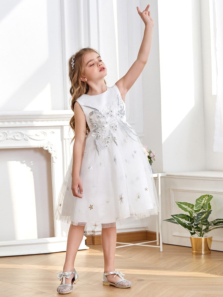 Color=White | High Waist Embroidered Bodice Sleeveless Flower Girl A-Line Dress-White 1