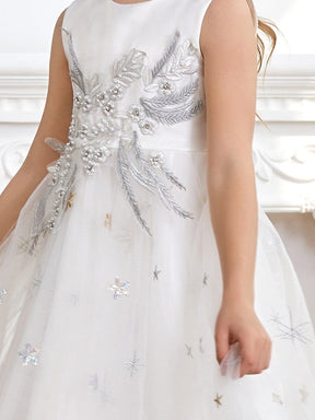 Color=White | High Waist Embroidered Bodice Sleeveless Flower Girl A-Line Dress-White 3