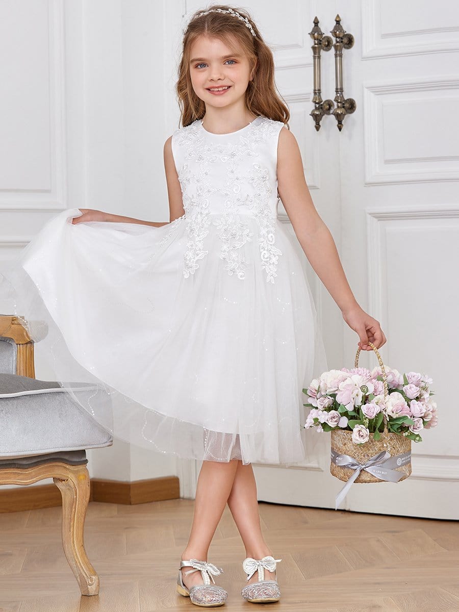 Color=White | Cute Sleeveless Applique Knee Length Flower Girl Dress-White 3
