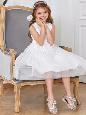 Color=White | Cute Sleeveless Applique Knee Length Flower Girl Dress-White 4