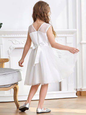 Color=White | Dainty Sleeveless Knee Length Tulle Flower Girl Dress-White 2