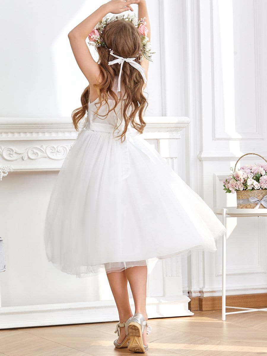 Color=White | Fancy Sleeveless Applique Short Tulle Flower Girl Dress-White 2