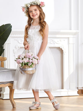 Color=White | Fancy Sleeveless Applique Short Tulle Flower Girl Dress-White 3