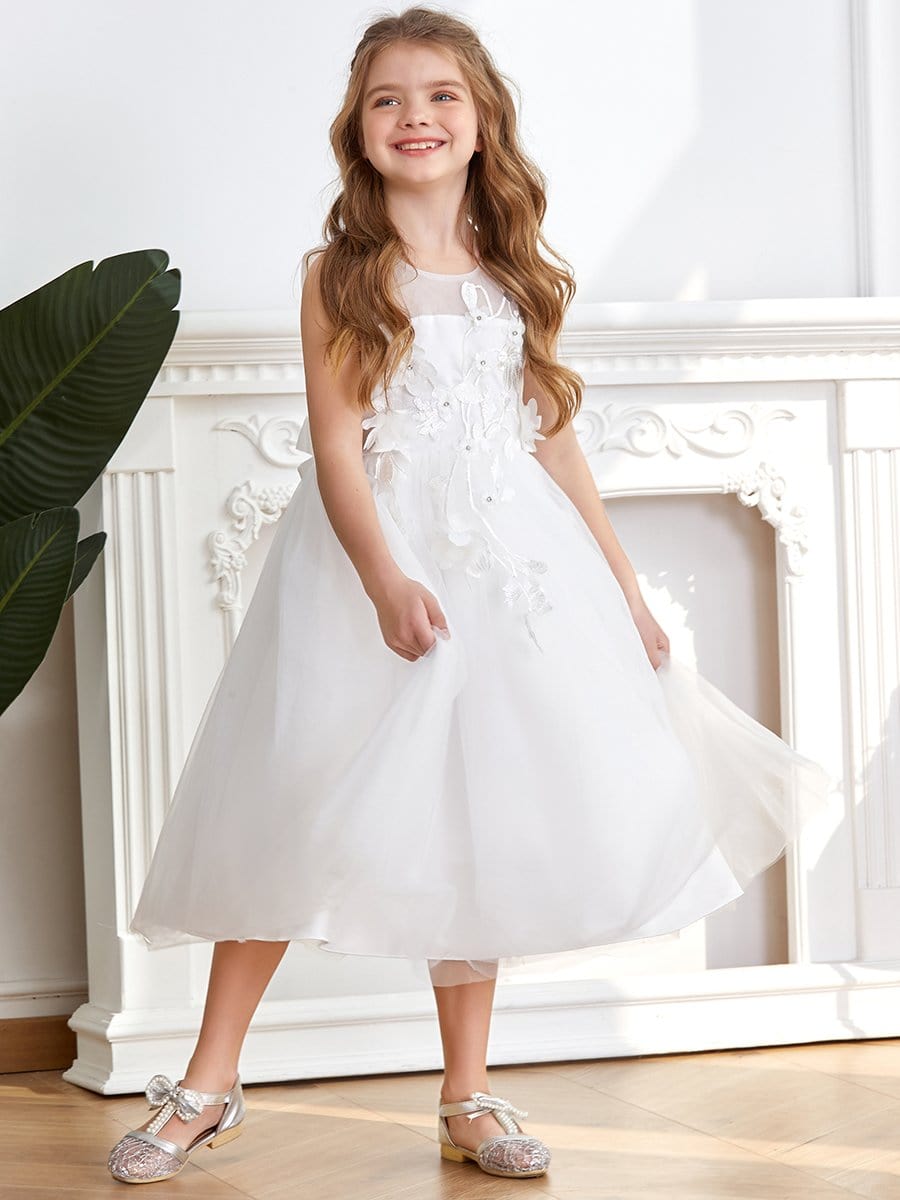 Color=White | Fancy Sleeveless Applique Short Tulle Flower Girl Dress-White 4